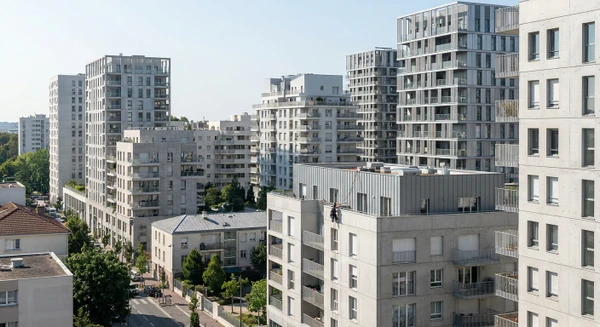 Vue urbaine de Créteil montrant un ou plusieurs bâtiments résidentiels ou tertiaires modernes avec des façades d'accès difficile, photographiés de jour sous une lumière naturelle claire. La composition doit mettre en évidence le contexte urbain dense caractéristique de Créteil, avec des immeubles de plusieurs étages et une architecture urbaine contemporaine, distincte visuellement des paysages de Boulogne-Billancourt et Versailles déjà utilisés. L'objectif est de représenter le cadre d'intervention d'une entreprise de cordistes en accès sur cordes en Île-de-France.