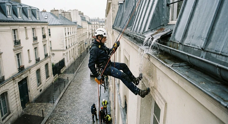 Deux ouvriers en vêtements de sécurité jaunes suspendus par cordes d'alpinisme effectuent des travaux de peinture sur la façade bleue d'un bâtiment en hauteur