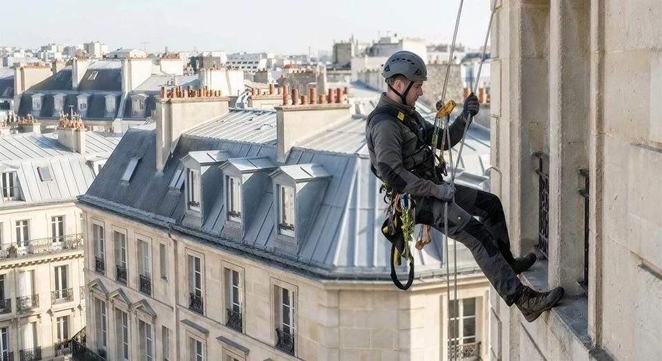 Deux ouvriers équipés de harnais de sécurité effectuent des travaux en hauteur sur la façade d'un immeuble, suspendus par des cordes d'alpinisme industriel contre un ciel dégagé