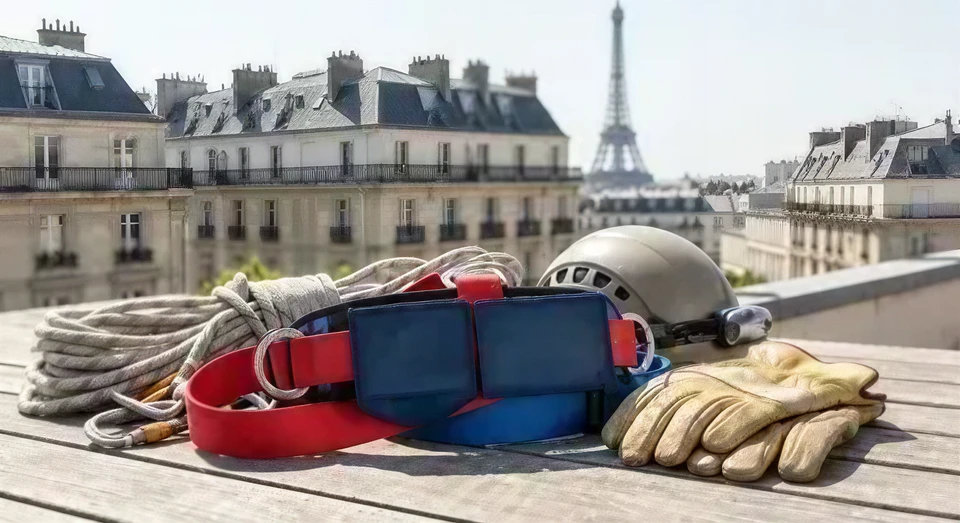 Deux ouvriers équipés de harnais de sécurité effectuent des travaux de nettoyage ou maintenance sur la façade d'un immeuble moderne multi-étages